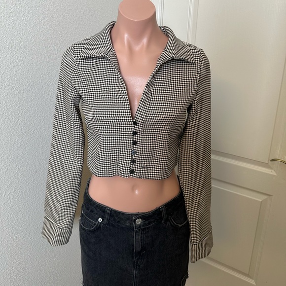 Zara Stylish Black and White Houndstooth Long Sleeve Cropped Top Sz S - Picture 1 of 4